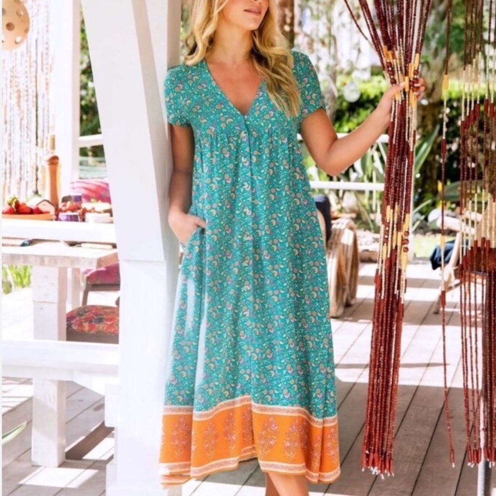 Natural Life Avery Floral Button Front Midi‎ Dress Turquoise Orange L / XL